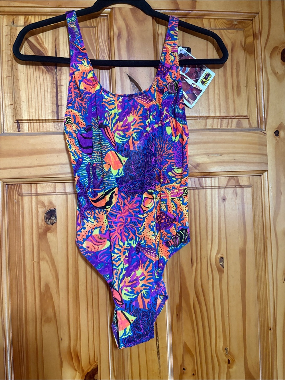 VINTAGE Vibrant Tropical TAN THRU Swimsuit - Neon Coral & Purple Print NWT